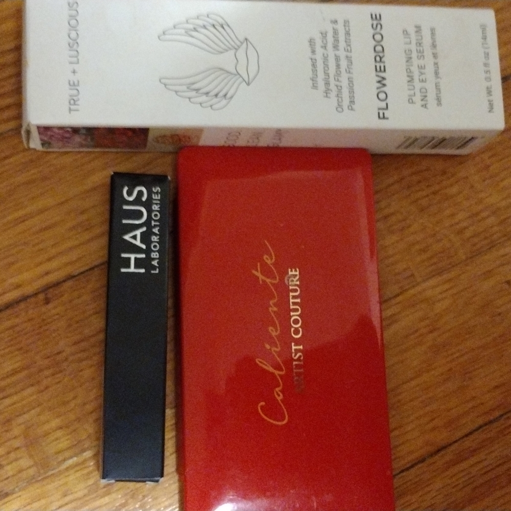 Plumping lip and eye serum, eyeshadow palette, liquid eye shimmer All 3 together